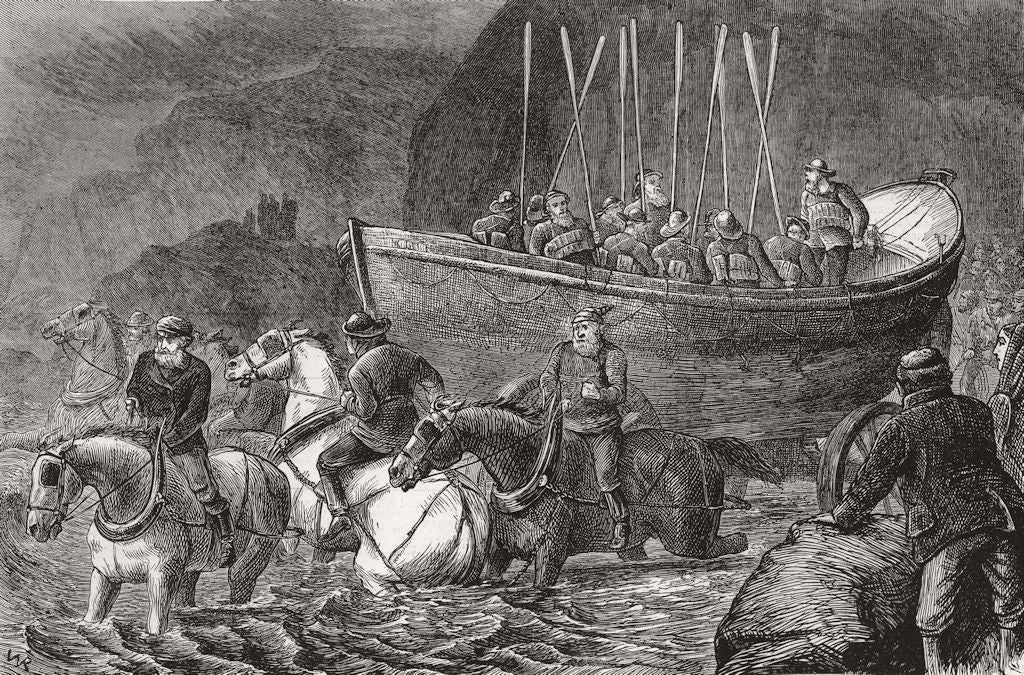 BOATS. Launching the lifeboat c1872 old antique vintage print picture